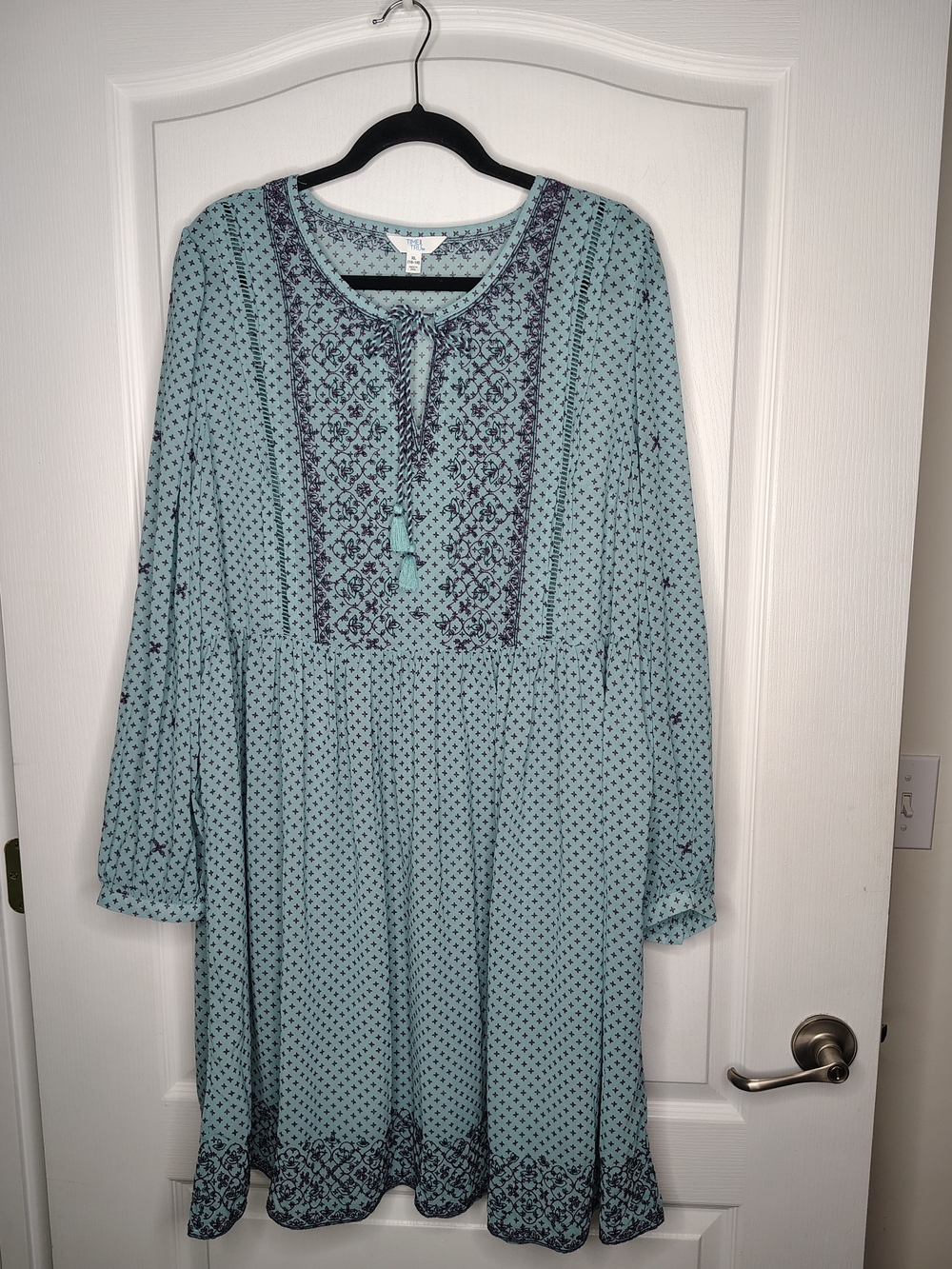 Time and Tru Light Blue Boho Embroidered Tie-Front Dress